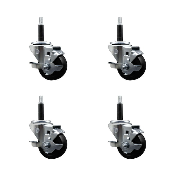 3'' Soft Rubber Swivel 3/4'' Expanding Stem Caster Set with Brake, 4PK